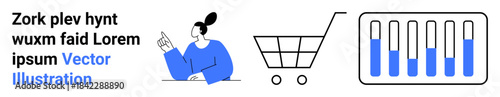 Woman pointing, empty shopping cart, bar chart with data levels. Ideal for analytics, e-commerce, presentations, online shopping, learning, user interface simple landing page