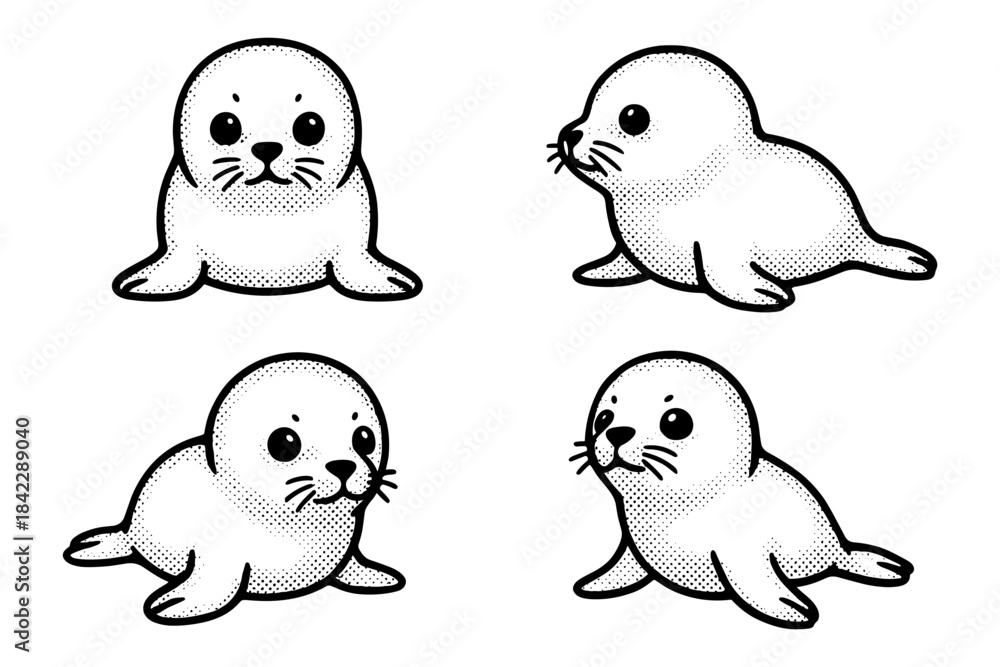 Obraz premium Adorable hand-drawn seal pups in vintage pop art style