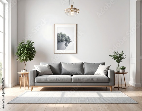 Modern living room interior with grey sofa, art, and natural light