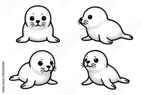 Adorable hand-drawn seal pups in vintage pop art style