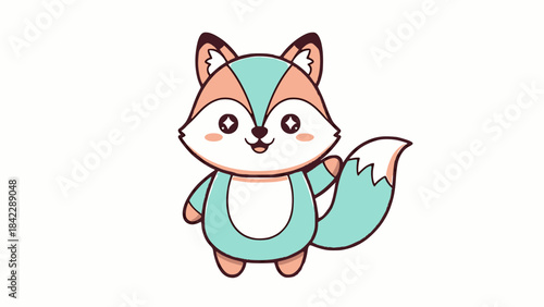 A cute cartoon fox with teal and peach fur, smiling and waving cheerfully.