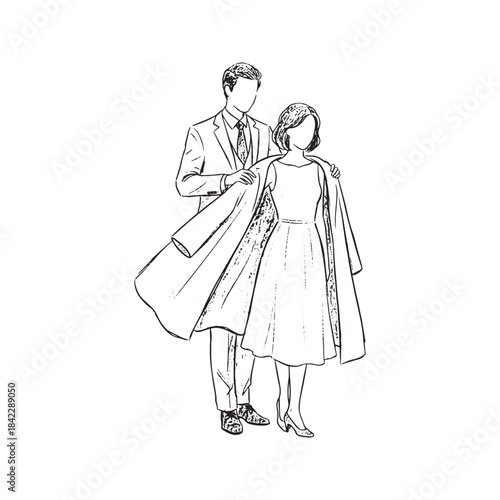 Sketch illustration of a man putting a coat around a woman's shoulders, symbolizing care, chivalry, and romance.
