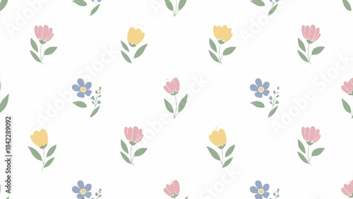 A charming seamless pattern featuring small, stylized pink, yellow, and blue flowers with green stems and leaves on a clean white background, perfect for textile or digital design.