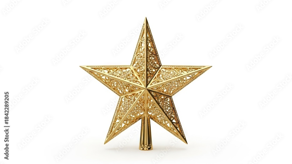 Fototapeta premium Gold ornate fivepointed star tree topper on white background