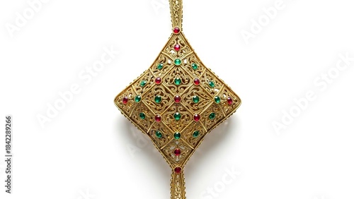 Gold pendant with intricate filigree set with green and red stones on a white background