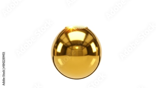 Gold sphere with light at the top reflecting surroundings in a white setting