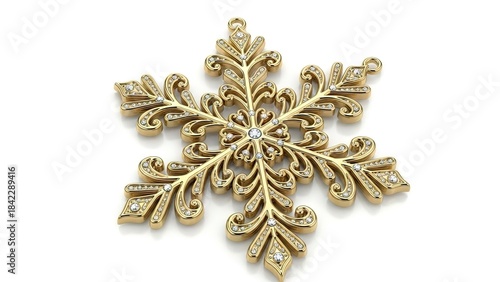 Gold snowflake pendant with diamonds elaborate design on white
