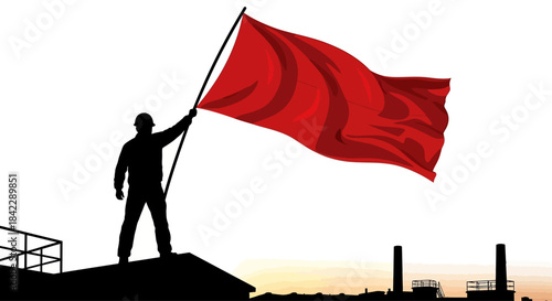 Silhouette of a Person Holding a Red Flag on a Rooftop.