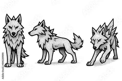 Stylized monochrome wolves in a trio of dynamic poses