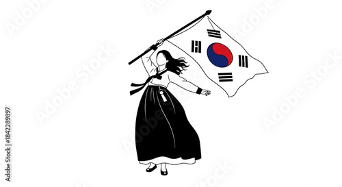 Woman in Hanbok Waving South Korean Flag with Pride and Patriotism.
