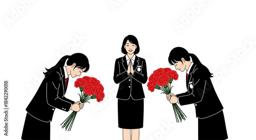 Two women bowing with flowers to a woman standing with hands clasped.