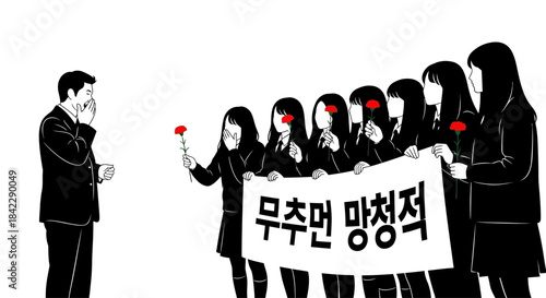 Group of women holding a banner and flowers confronting a man.