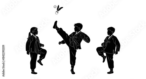 Three children playing shuttlecock game with traditional Korean clothing.