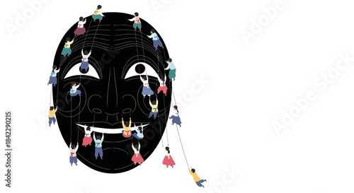 Tiny people climbing on a giant black mask with expressive eyes and mouth.