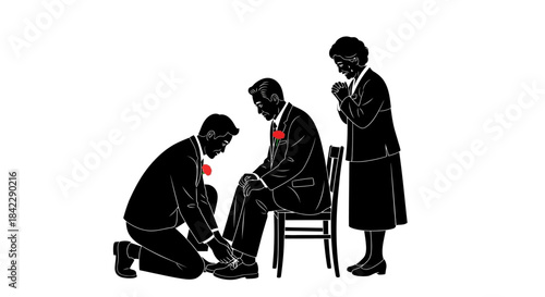 Silhouette of a man shining another mans shoes with a woman watching.