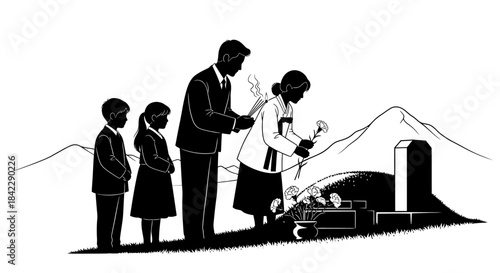 Family Mourning at Graveside with Children and Adults in Somber Attire.