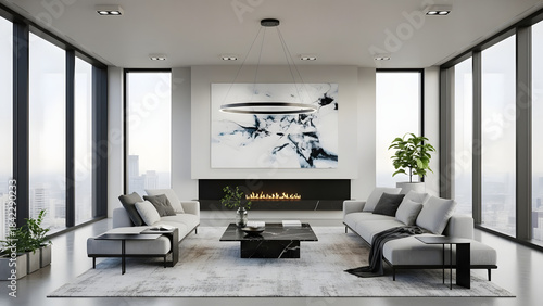 Contemporary luxury home office interior design with comfortable sofa, armchair, and modern furniture