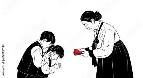 Korean Sebae Tradition - Children Bowing to Elder Receiving New Years Gift.