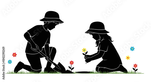 Silhouette of two children a boy and a girl gardening together.