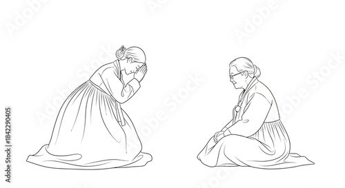 Two elderly women in traditional Korean attire, bowing respectfully.