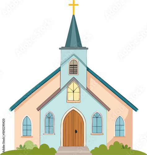 Flat pastel vector illustration of small church with tall steeple and golden cross, cute front view facade