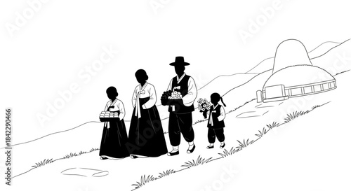 A traditional Korean family of four walking together in hanbok.