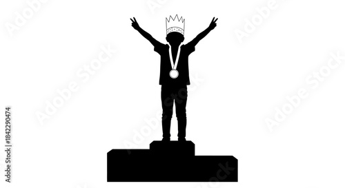 Victorious child silhouette with crown and medal celebrating success on podium.