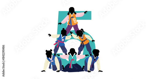 Team of Korean performers in traditional hanbok forming a human pyramid number five.