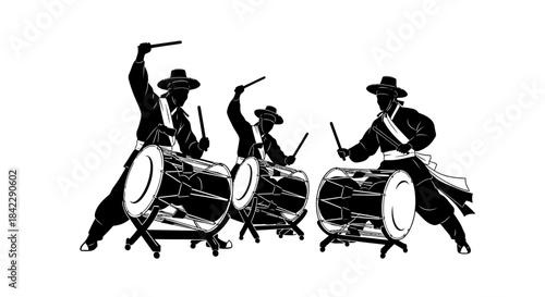 Silhouettes of drummers performing traditional music with large drums.