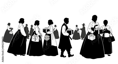 Silhouettes of people in traditional Korean hanbok attire with gifts.