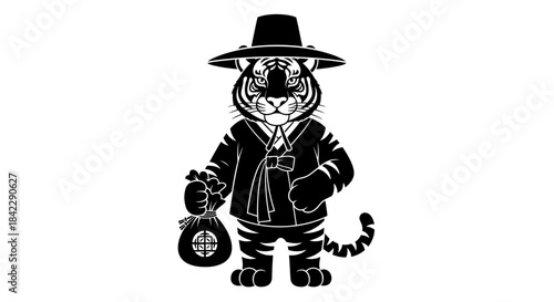 Tiger in Traditional Korean Hanbok and Gat Hat Holding Money Bag.