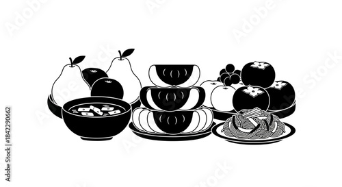 Still life composition of various foods in a graphic style.
