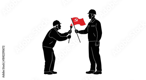 Two silhouetted figures passing a torch and flag.