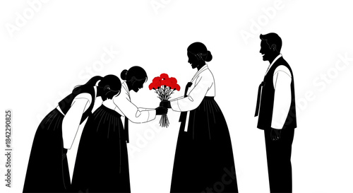 Korean women in traditional hanbok receiving flowers from younger girls.