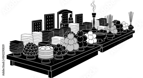 Elaborate Buffet Spread with Various Dishes and Plates.