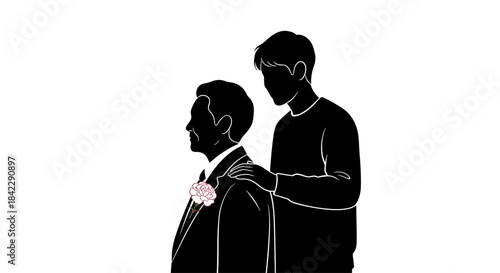 Young man helps older man with his tie.