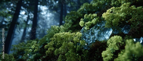 Close up of clear ice shards nestled within vibrant green moss and dense forest background