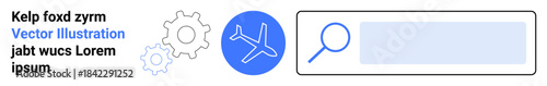 Travel, aviation services, search tools, engine mechanisms, flight bookings, technical processes. Blue airplane icon with gears and a search bar. Travel and aviation services concept