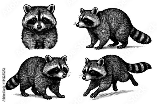 Detailed black and white raccoon sketches in various poses