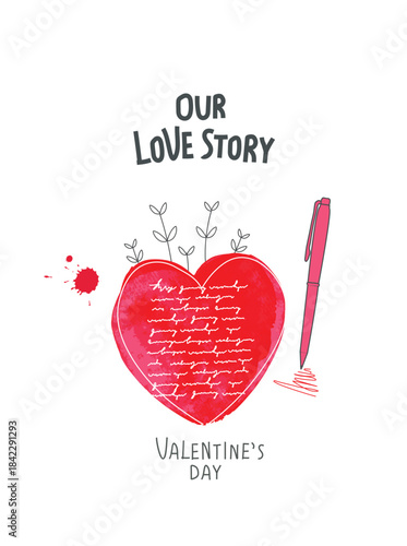 Vector cartoon sketch of red heart with handwritten text love story of a couple. True Love Story Never Ends. Romantic love quote.