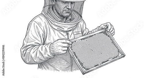 Beekeeper inspecting honeycomb frame