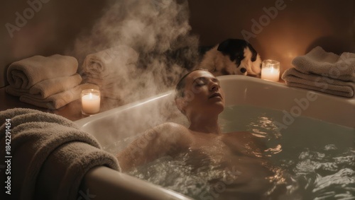 Man relaxing in a steamy bathtub with candles and towels.