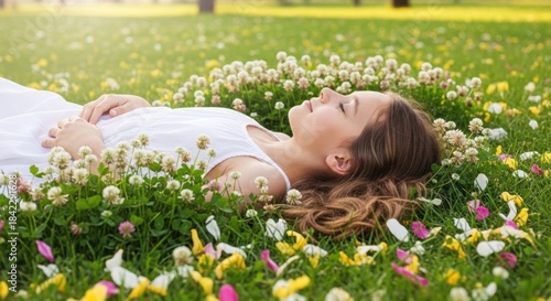 Wallpaper Mural A serene woman lies on a vibrant field of flowers in a lush green meadow on a sunny day. Torontodigital.ca