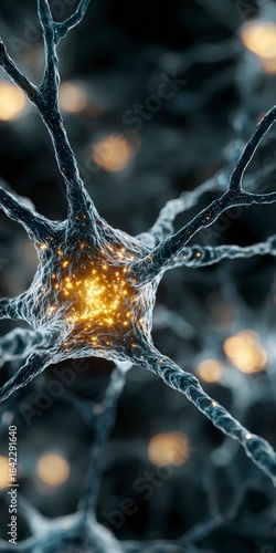 Close up of a biological neuron with bright glowing neural activity signals and dark background