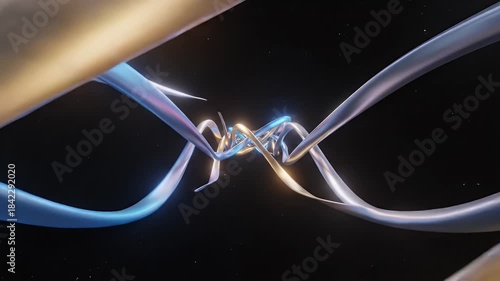 Abstract Infinity Loop with Blue and Gold Light Trails on Black Background.