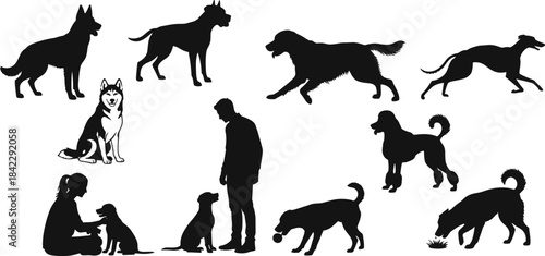 Dog silhouette collection featuring various canine poses, playful actions, human interaction, training moments, and diverse breed shapes in detailed black vector illustration for pet-themed content