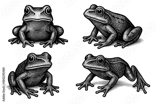 Intricate hand-drawn frogs in vintage engraving style