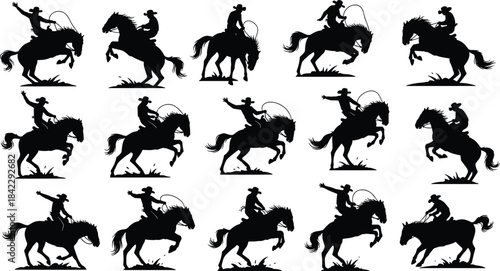 Dynamic silhouette collection of cowboys riding bucking horses with lassos, western rodeo action poses, wild west equestrian vector illustration for adventure and country-themed design projects