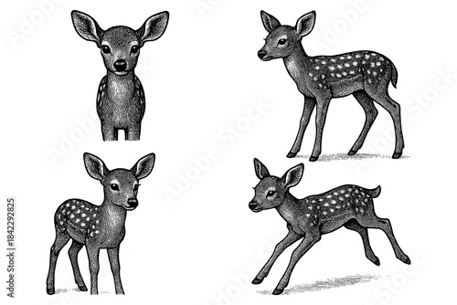 Hand drawn baby deer set featuring detailed sketches of adorable fawns in various poses