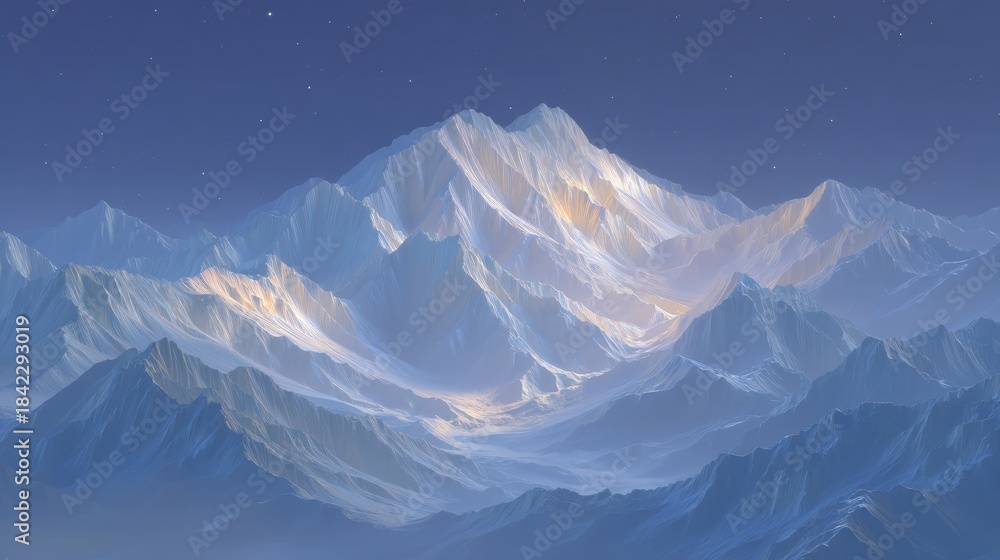 Fototapeta premium Majestic icy mountain range stretches under a dark blue twilight sky scattered with bright stars